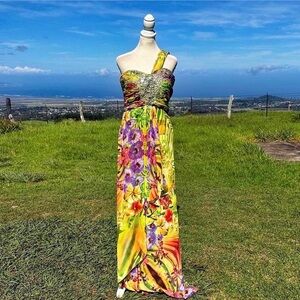 Betsy Adam Sequin One Shoulder Dress Maxi Ball Gown Formal Colorful Tropical 12